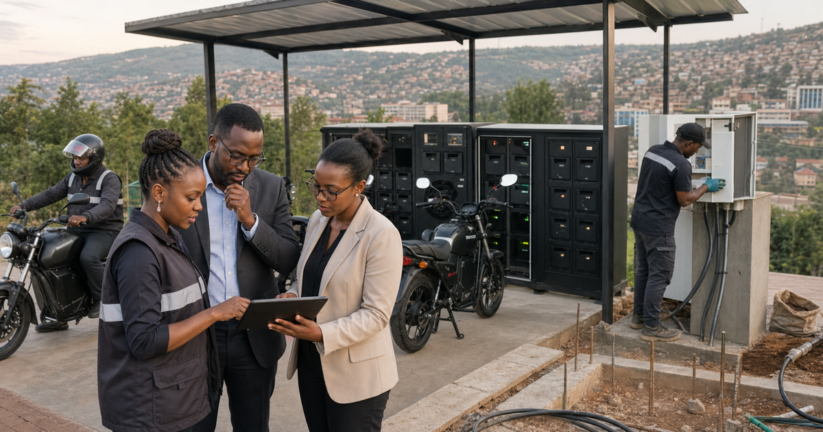 Project and finance professionals reviewing expansion plans at an EV charging and battery-swapping hub in Kigali.