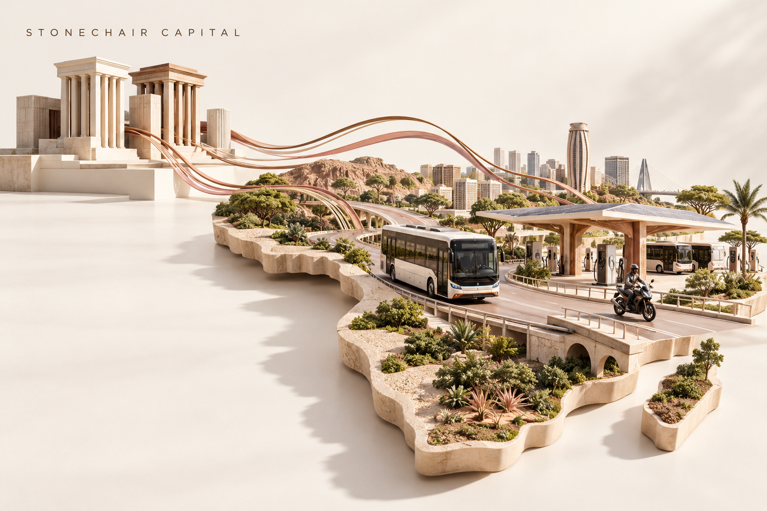 Bright editorial illustration of institutional capital flowing toward electric buses, a motorcycle and a solar charging hub on a sculptural map of Africa, in Stonechair Capital’s cream, brown and rose palette.